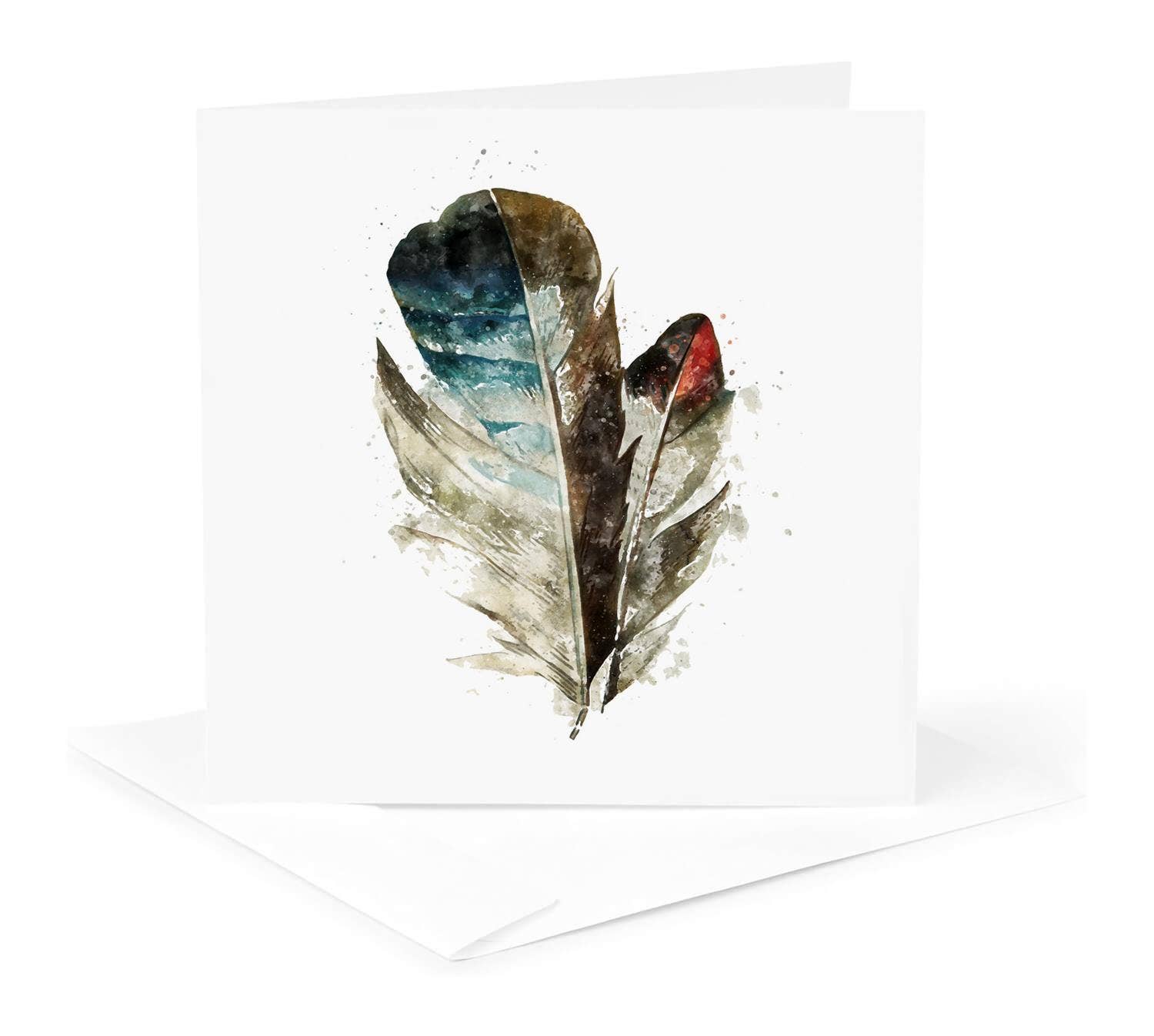 3dRose – wholesale Everyday greeting card – 3dRose, Blue, Brown, and Red, Watercolor Feather with Splatter, Greeting Card0