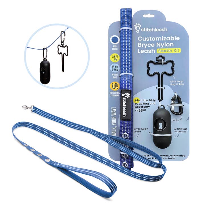 StitchLeash® Bryce Clip & Go™ Flat Nylon Leash – Blue | 6 ft | 24 per case for wholesale by StitchLeash