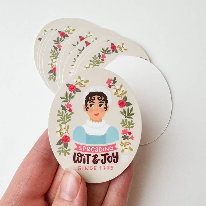 Jane Austen ovalt vinylklistermärke, 7 cm högt för wholesale av Ruth‘s Austen Doodles