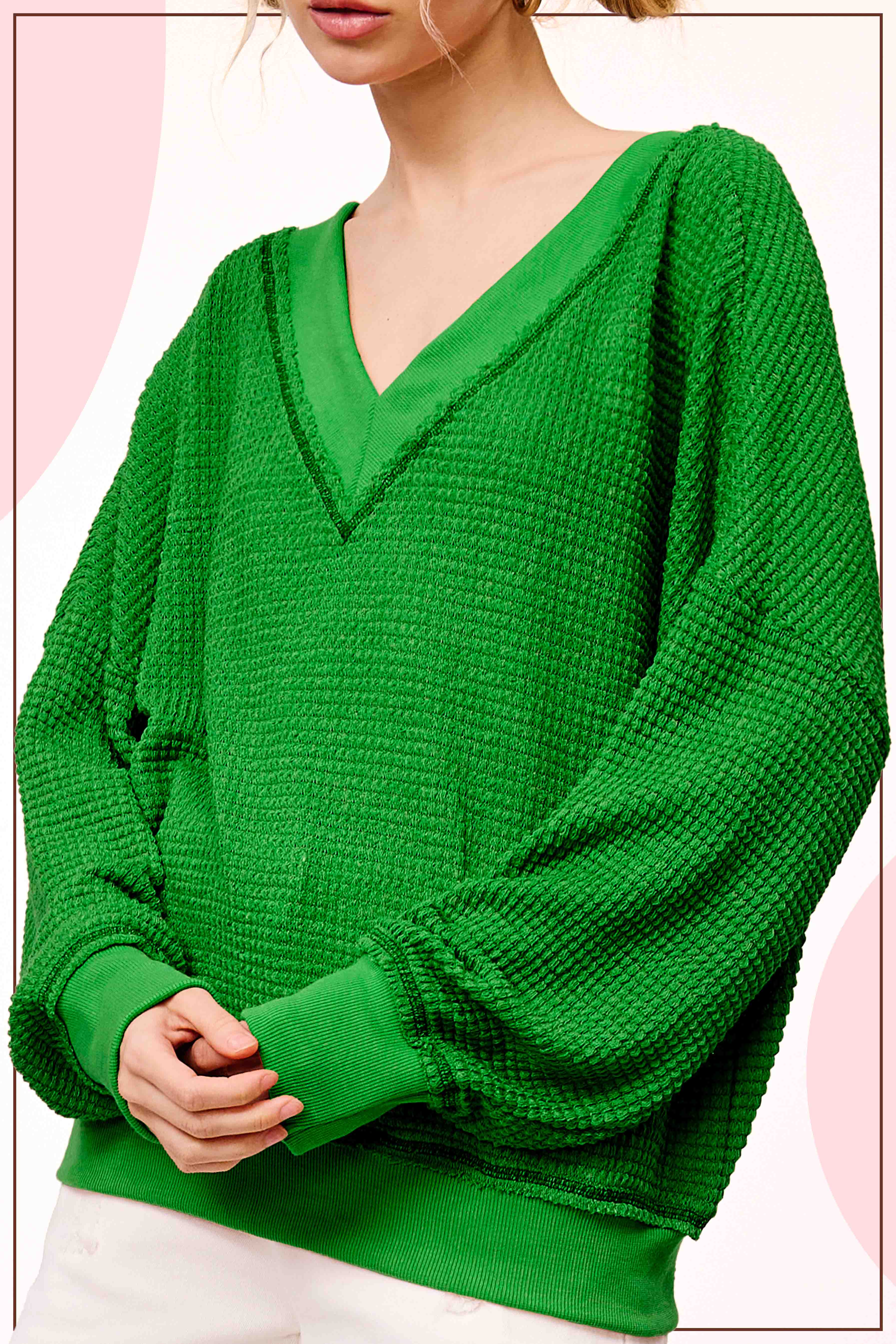 La Miel – Großhandel Strickoberteil – Damen – JLT7410-Langarmshirt mit Waffelstruktur und V-Ausschnitt in lockerer Passform28