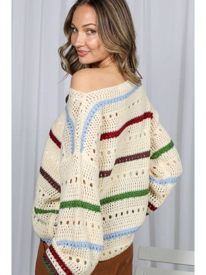 Multi Top de suéter de punto de crochet a rayas multicolor VT81238A- de venta al por mayor en Faire19