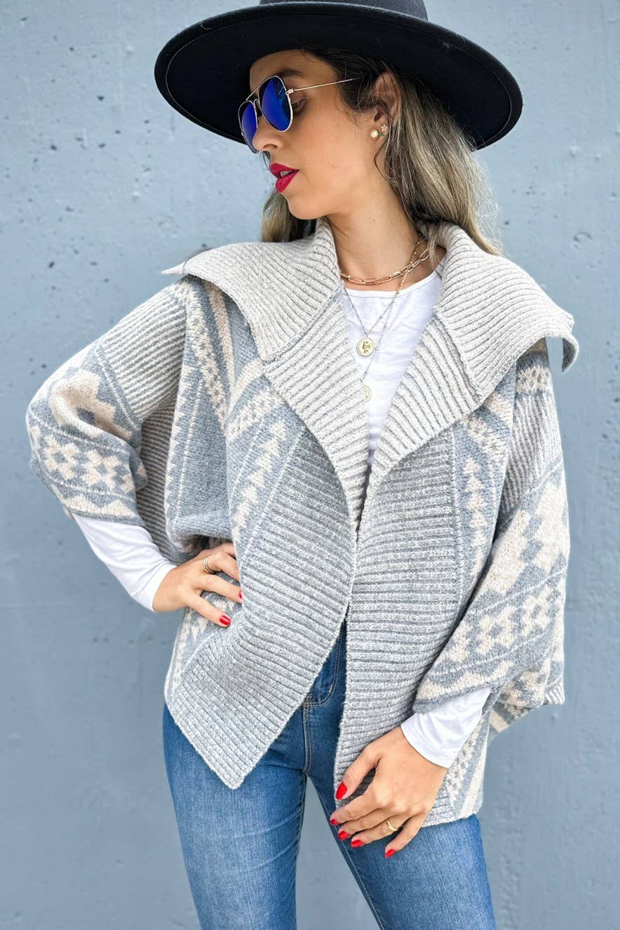 Grey Aztec Pattern Dolman Sleeve Open Front Knit Cardigan for wholesale on Faire7