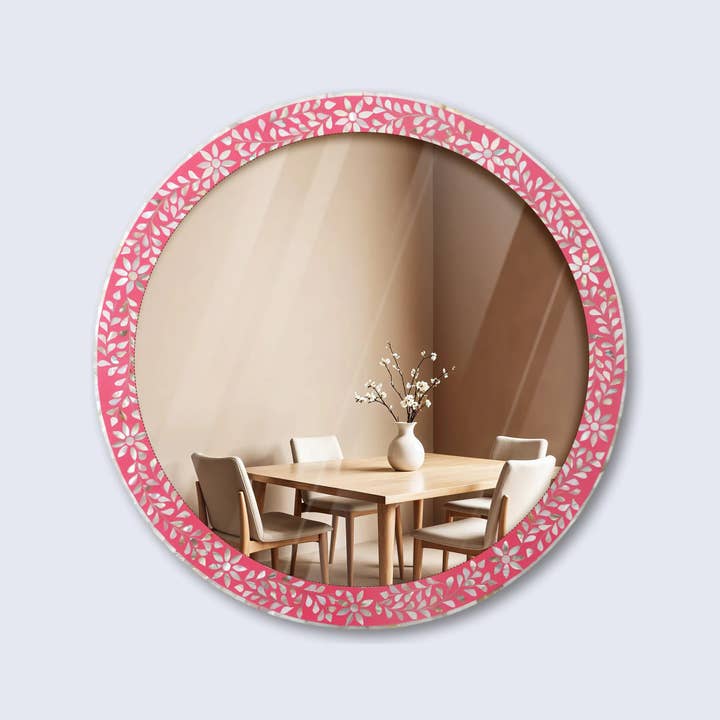 Round MOP ,Resin Inlay Wall Hanging Pink Mirror Frame- 28" for wholesale by Muqeem & Brothers