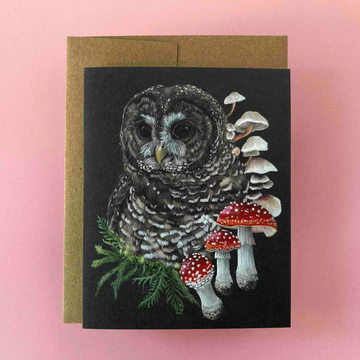 Grußkarte mit Eule und Pilz für den Großhandel von Bekah Zeimetz Art