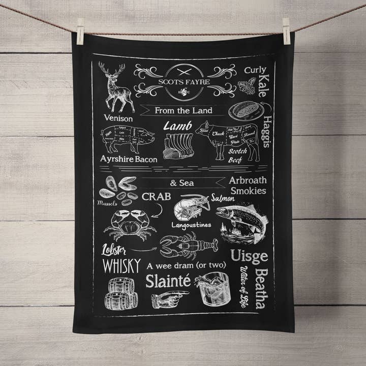 Scot's Fayre Chalkboard Tea Towel for wholesale by Brave Scottish Gifts