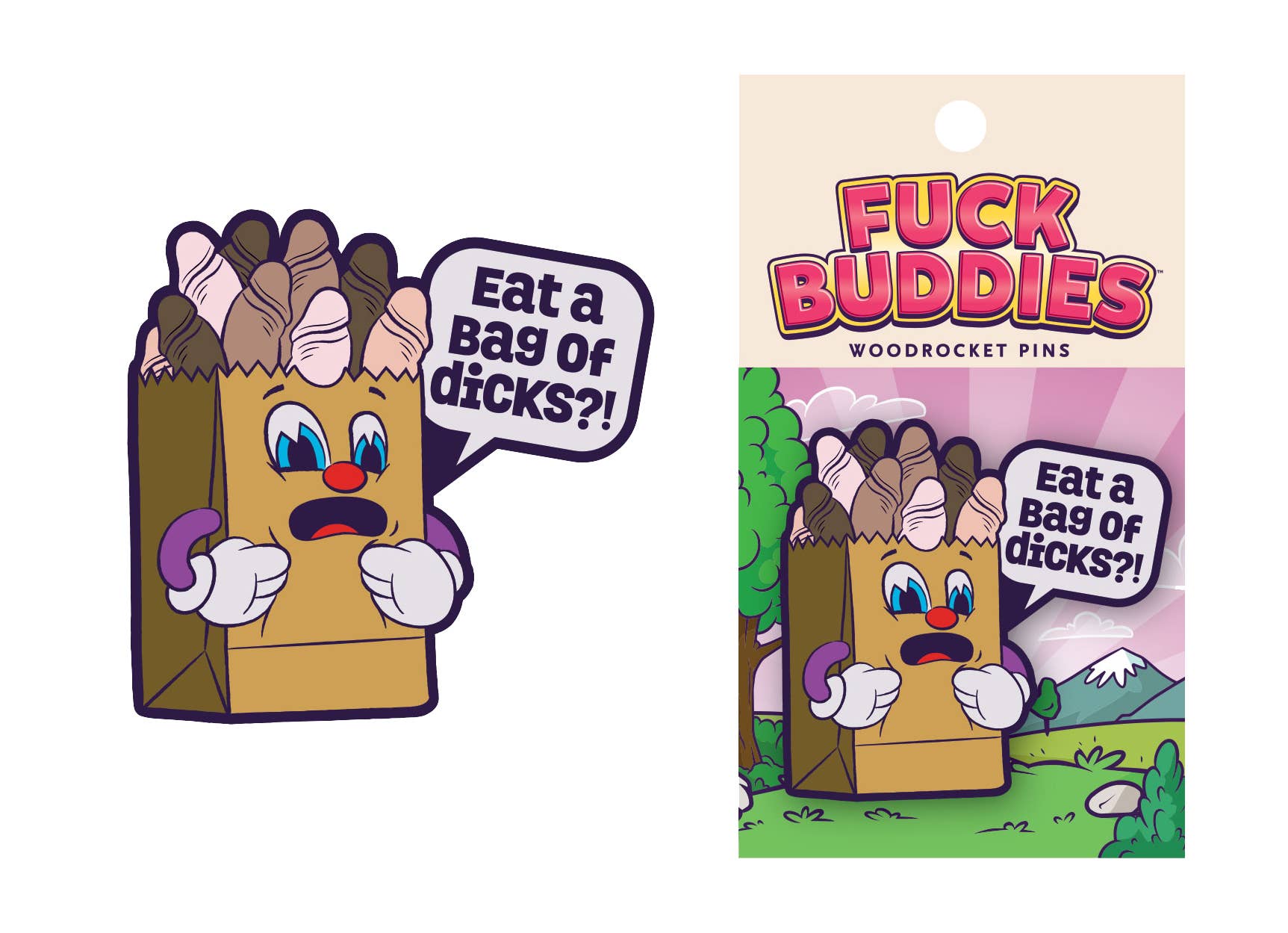 Brown Peach Blue Purple Fuck Buddies Bag of Dicks Enamel Pin, FBP-004 for wholesale on Faire1