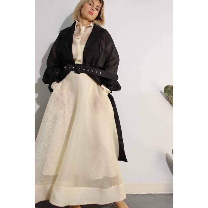 BLACK METALLIC ORGANZA TRENCH COAT for wholesale on Faire23