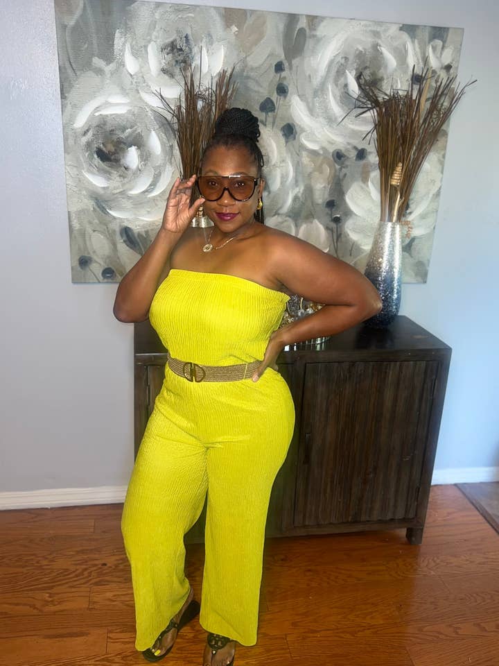 THE"BRUNCH DATE" JUMPSUIT (CYBER LIME) for wholesale by Classy Diva Boutique LLC