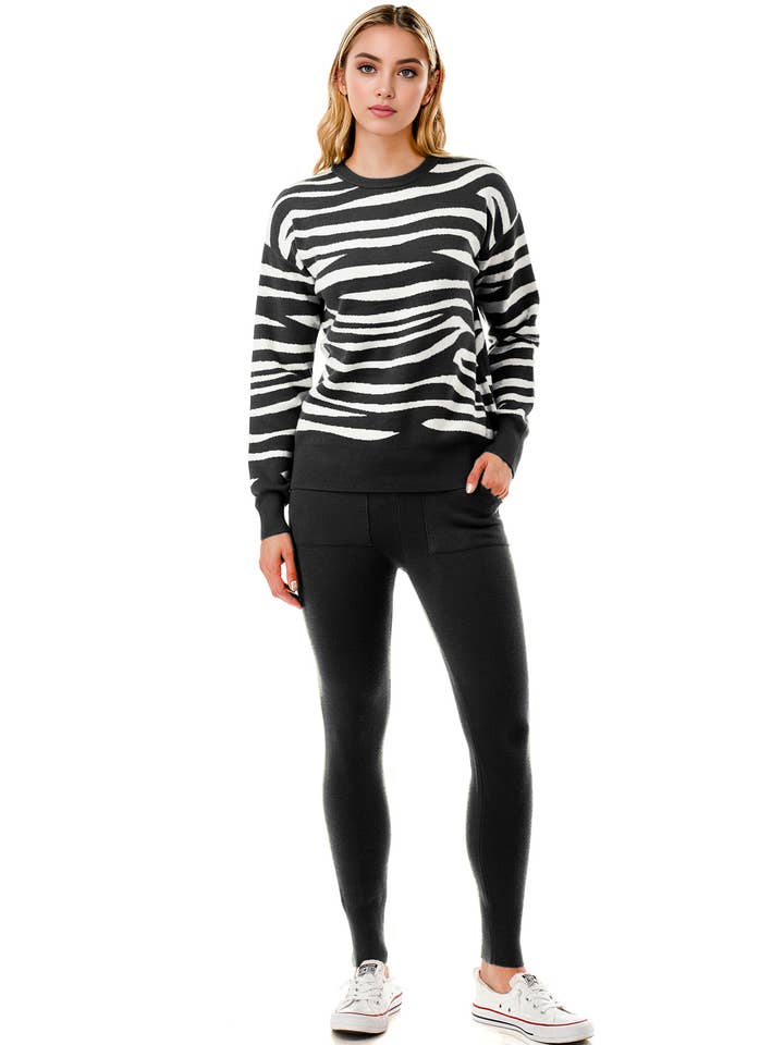Color 5 - Wholesale Lounge Set - Women's - Zebra printing sweater top with matching solid pants set 0