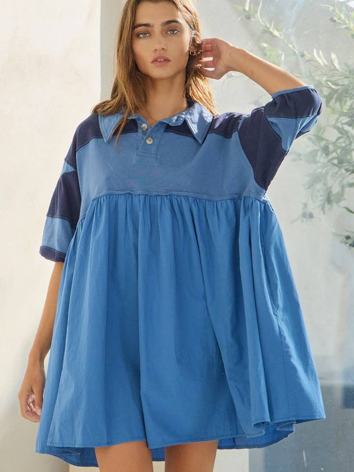 Denim blue ID4301 Billowy Shapeless Silhouette Rugby Mini Dress for wholesale on Faire