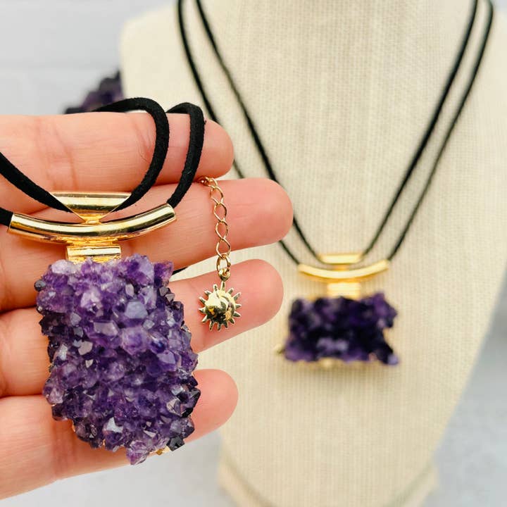 Amethyst Crystal Cluster Necklace with Charm - 24k Gold Elec for wholesale by Rock Paradise