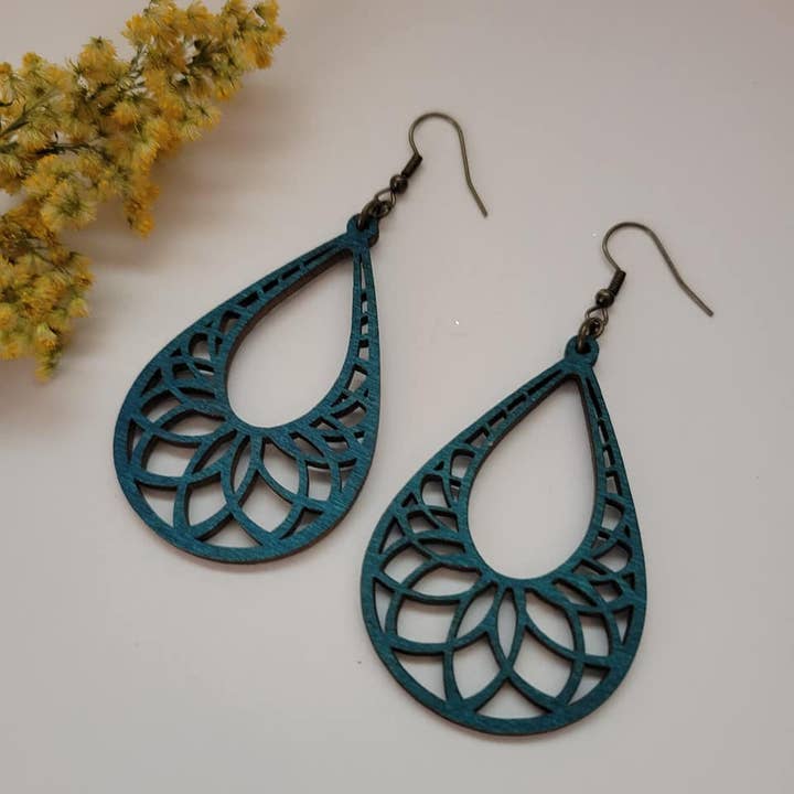 Teal Lotus Flower Wood Earrings for wholesale by Elskas Designs