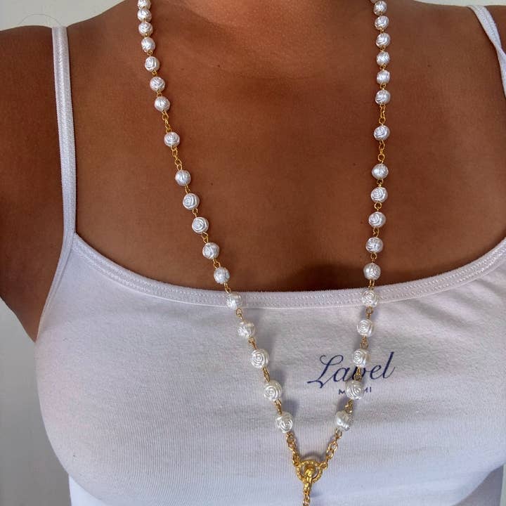 White Rose Rosary Necklace for wholesale by B Jewels By Brit