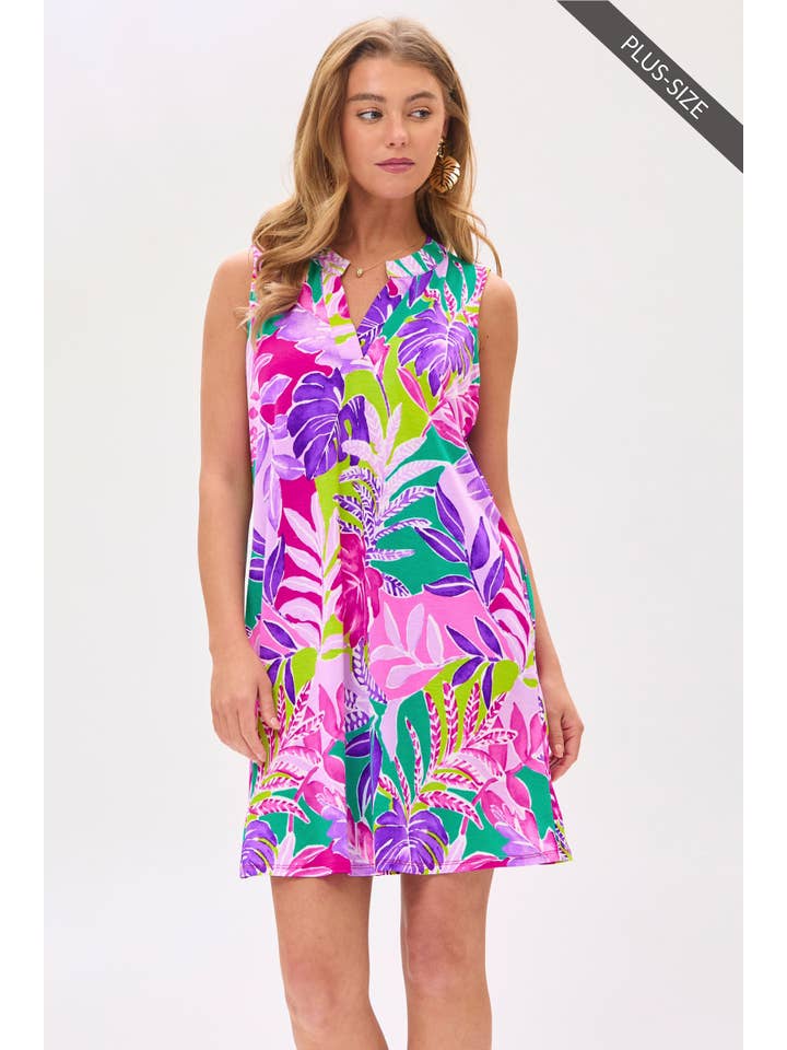 MAGENTA PLUS SIZE Summer Tropical Leaf Print Dress for wholesale on Faire