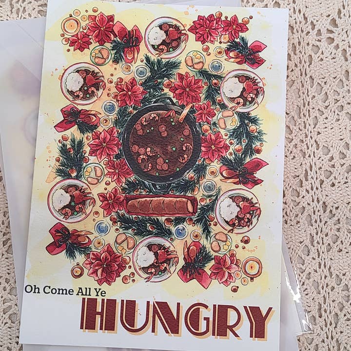 "Oh Come All Ye Hungry" 5"x7" Holiday Card with Envelope for wholesale by Nattosoup Studio