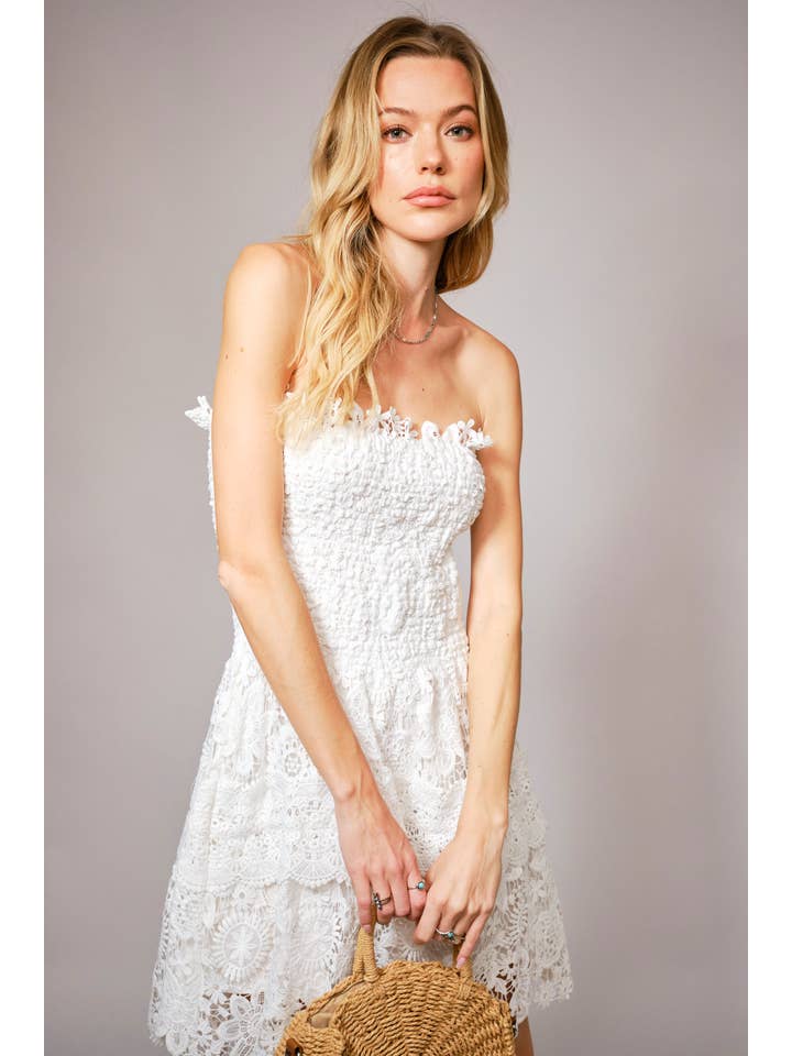 OFF WHITE 36861D - Strapless Shirred Guipure Lace Mini Dress for wholesale on Faire