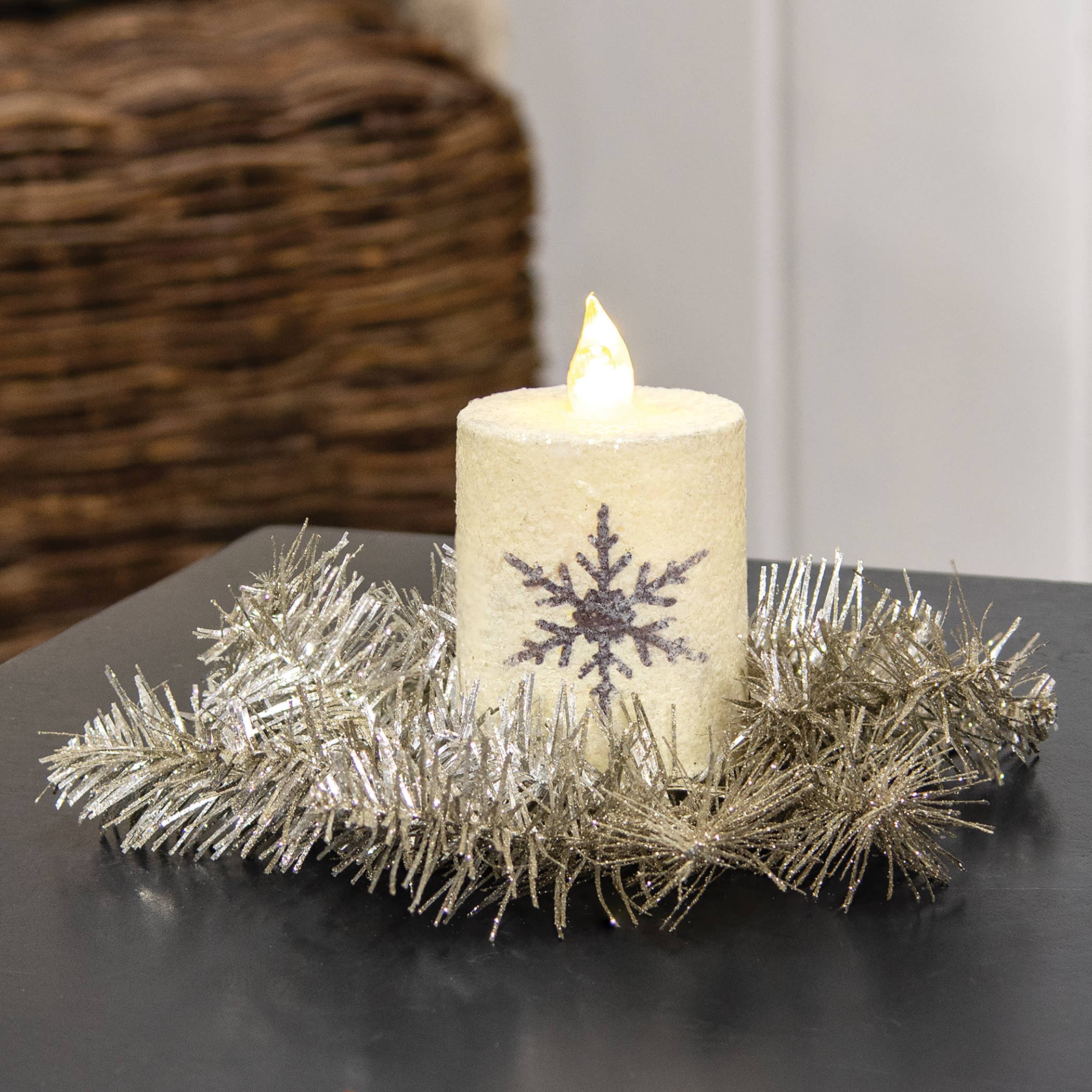 Col House Designs - Wholesale Christmas Decoration - Glistening Platinum Pine Candle Ring - 2"1