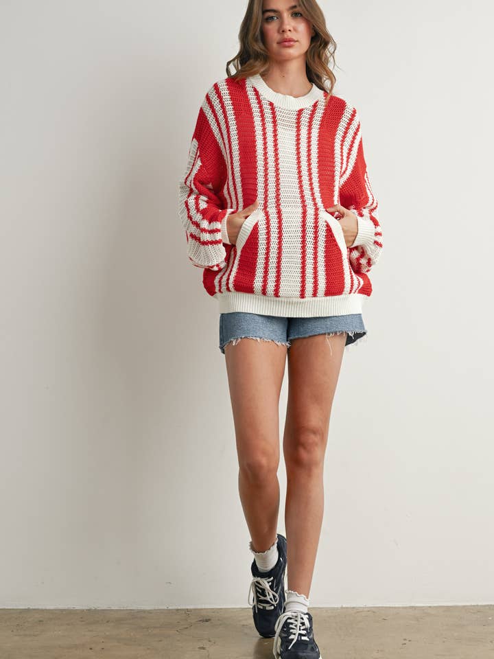 Drop Shoulder Striped Pattern Sweater - BMW7397 for wholesale by BUTTERMELON