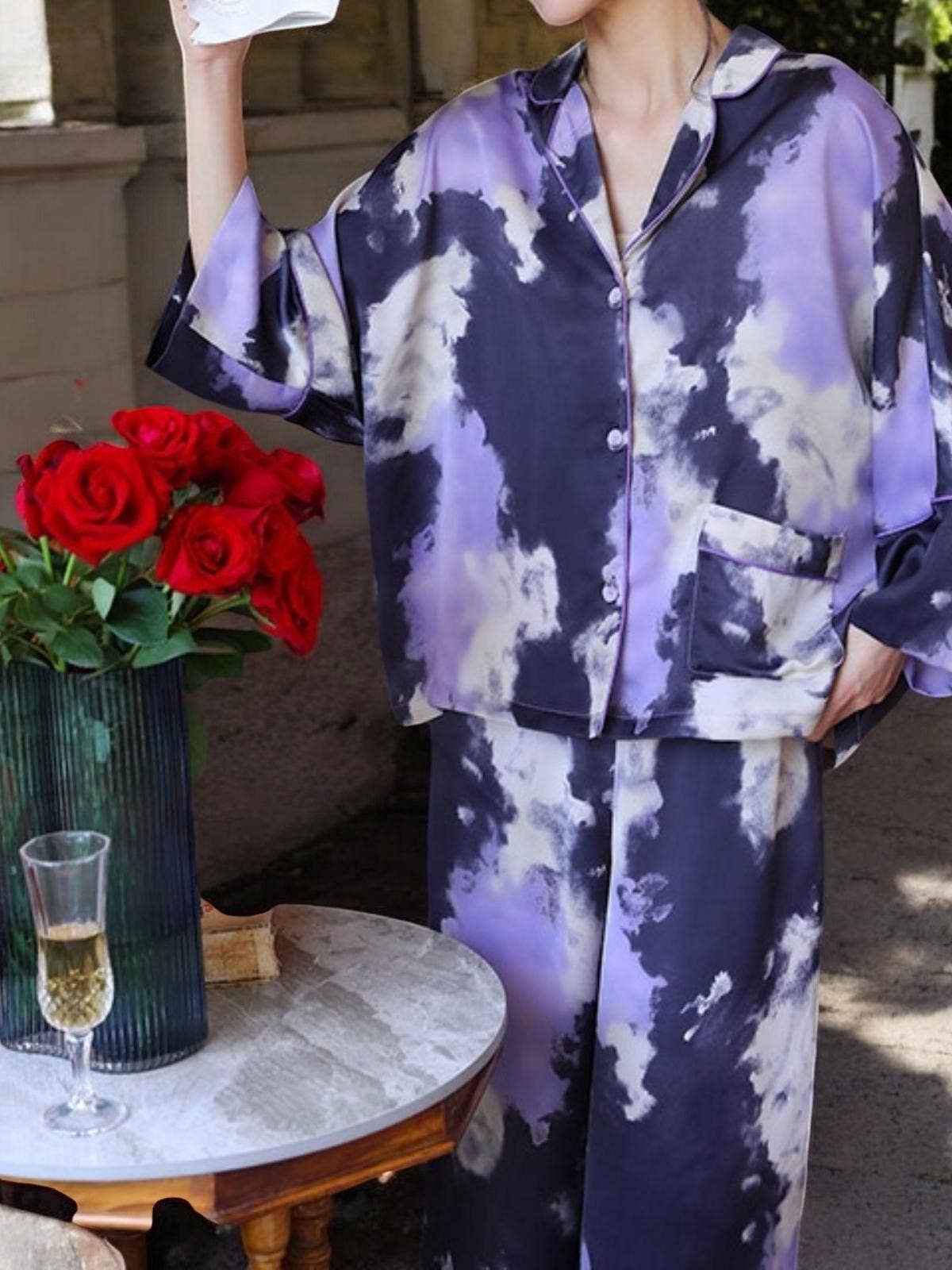 Purple Satin Cloud Print Pajama Set for wholesale on Faire4
