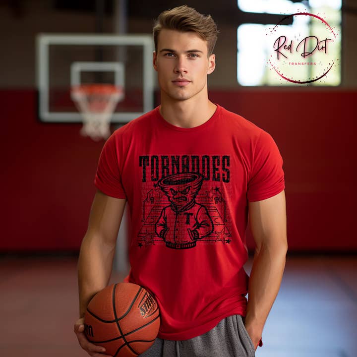 Tornadoes Basketball Letterman T-Shirt | Trendy School Spirit Shirt | Fast Shipping | Super Soft Shirts for Men/Women/Kid's for wholesale by Red Dirt Transfers
