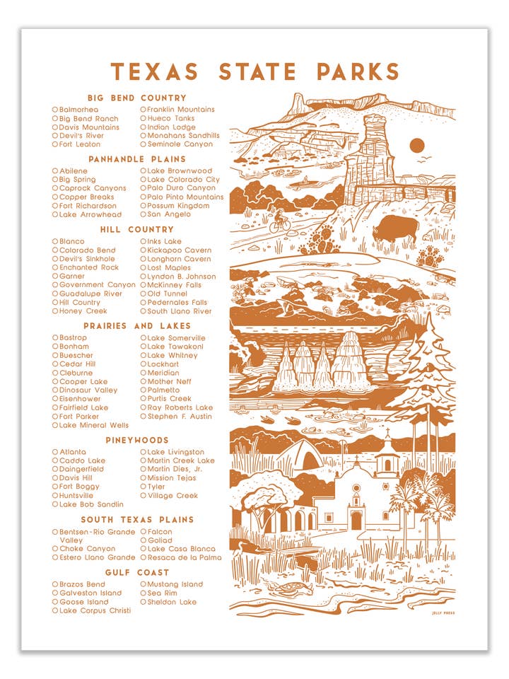 Texas State Park Checklist Screen Print Poster (Copy) for wholesale by Jelly Press