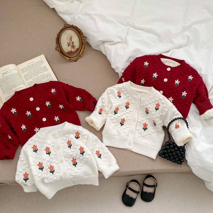 Cardigan à motif de fleurs brodées pour bébé fille, tricoté épaissi avec design à boutons simples. pour la vente par MyKids-USA®