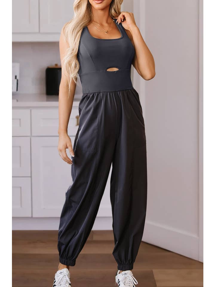 Carbon Grey LDC Back Crossed Straps Hollow Out Jogger Jumpsuit for wholesale on Faire