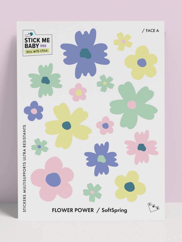 Sheet of durable FLOWER stickers for wholesale by Stick Me Baby
