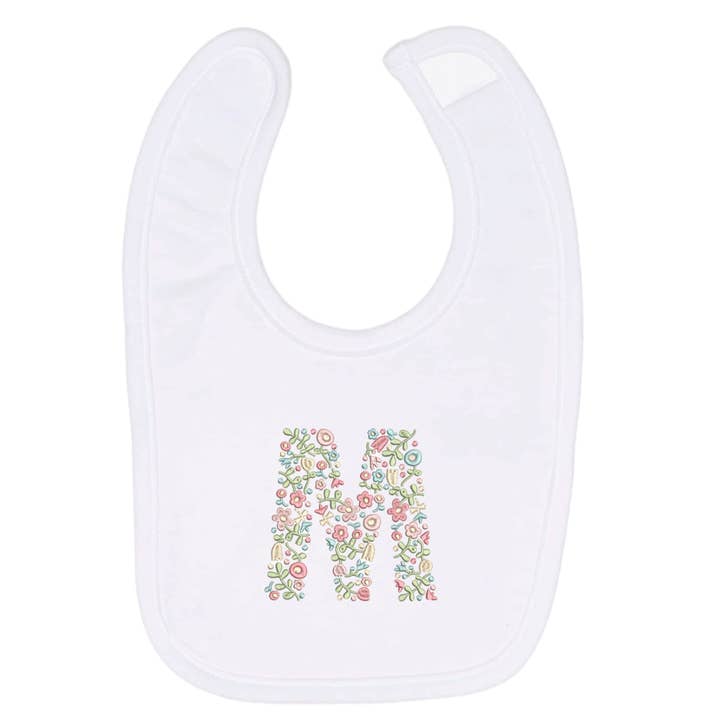 Floral Initial Baby Bib for wholesale by Blythe Embroidery Co.