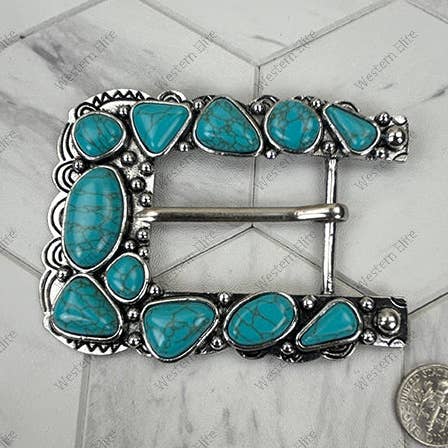 BPD251230-04-BLÅ Sølvmetal med blå turkis sten stor rektangulær bæltespænde for engroshandel hos Western Elite Jewelry