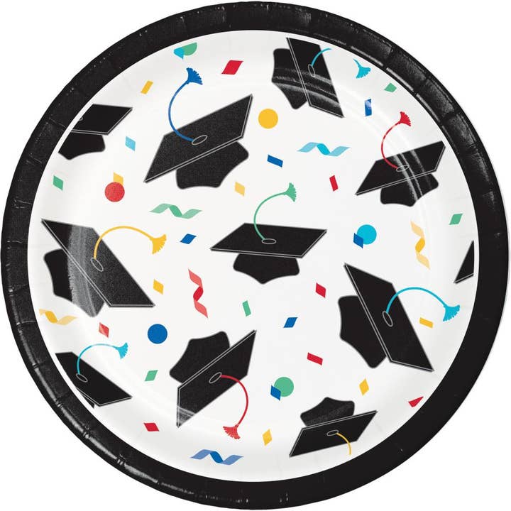 Grad Cap Toss Paper 7" Dessert Plate, 8/Pkg for wholesale by Bulk Party Decor