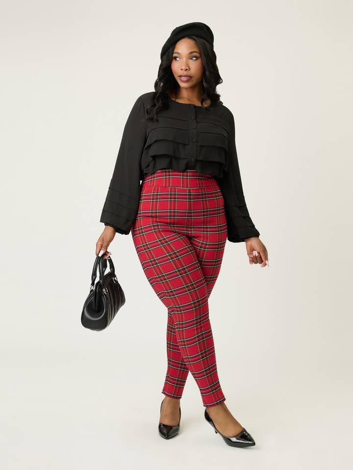 Unique Vintage Plus Size Red Plaid High Waist Rizzo Cigarette Pants for wholesale by Unique Vintage