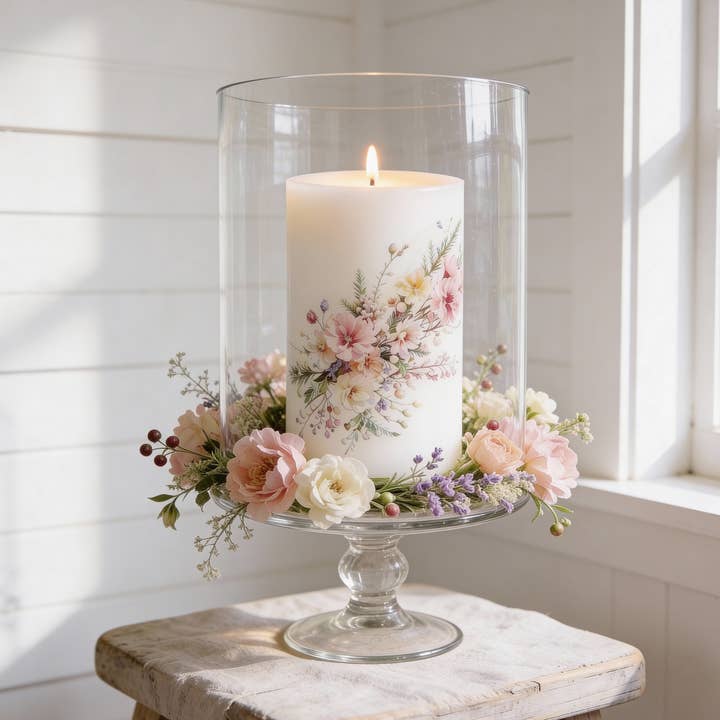 Blush Wildflower Floral Pillar Candle for Decor and Gifts for wholesale by Designs by Michaela