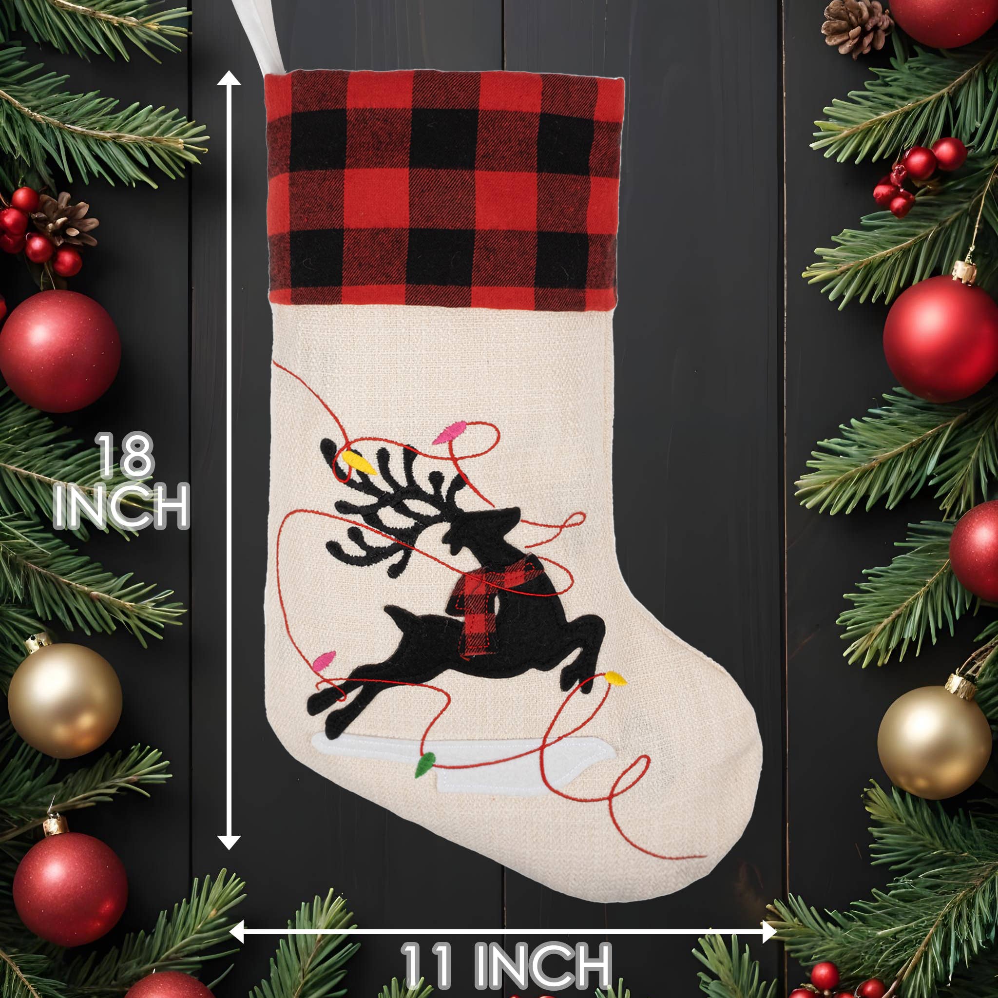 GEXWORLDWIDE - Vente Collants festifs - Bas de Noël à carreaux rouges et noirs brodés6