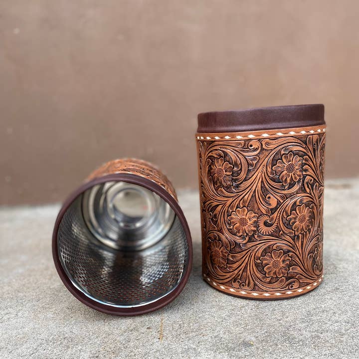 Western Linens - Wholesale Basket - Tooled Leather Basket Bin