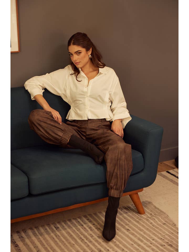 Brown PLEATHER CLASSY CUFFED CARGO JOGGERS-PI6888FO for wholesale on Faire