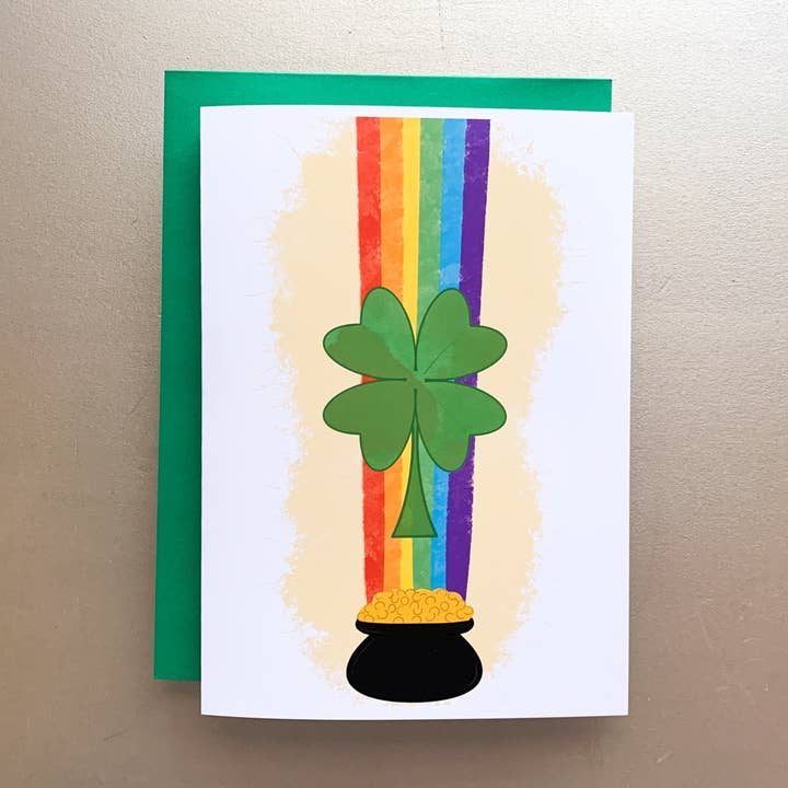 St. Patrick's Day Shamrock Rainbow Pot of Gold Handmade Card by StoneDonut Design for wholesale by Stone Donut Design, LLC