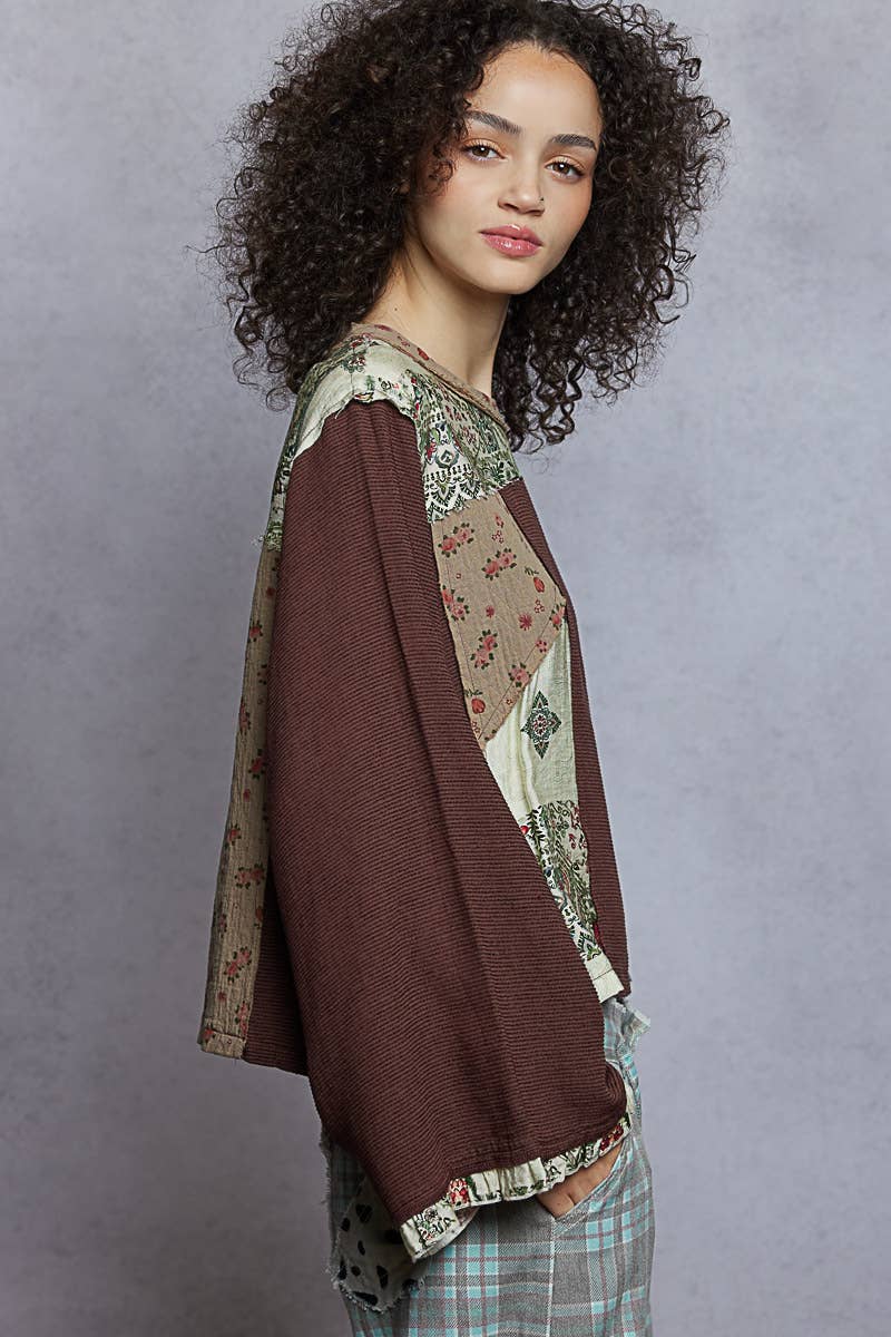 Pol Clothing - Wholesale Blouse - Women's - Long sleeve double gauze printed woven contrast top7