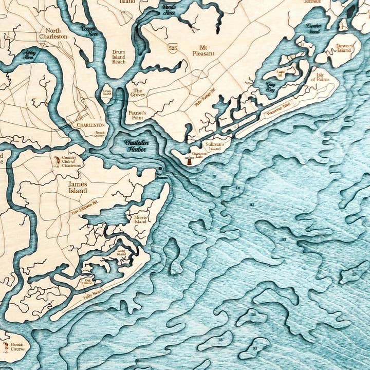Sea & Soul Nautical Chart Art - Wholesale Map - Charleston Harbor Coastal 3D Wood Map Wall Art