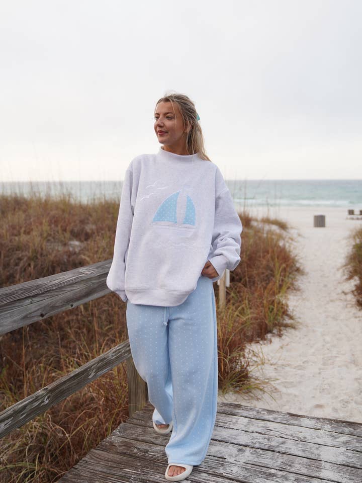 Sunkissed Coconut - Wholesale Sweatshirt - Women's - Polka Dot Sailboat Embroider Mockneck Sweatshirt7