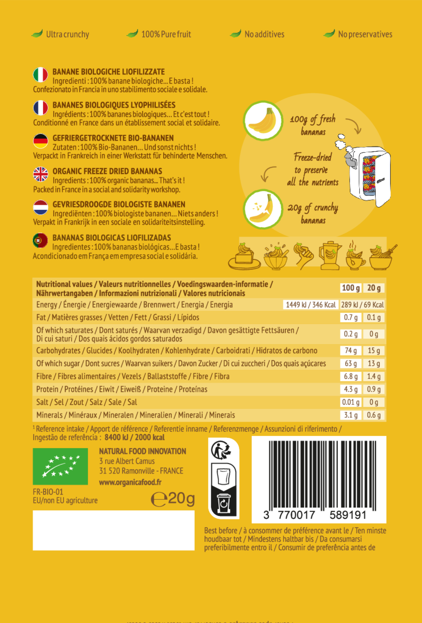 Organica - Wholesale Dried/Dehydrated Fruit - Organic freeze-dried bananas 100% pure fruit | Organica Food4