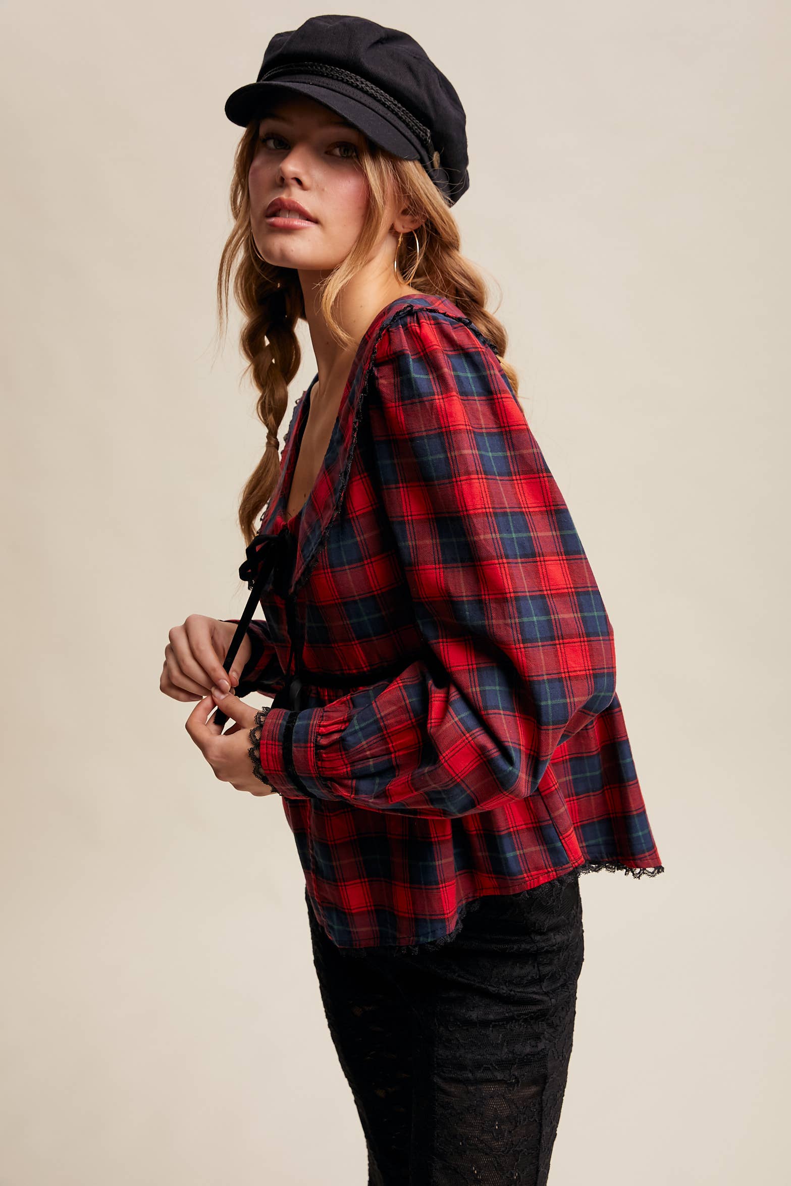 Listicle - Wholesale Blouse - Women's - Plaid Velvet Trim Holiday Blouse LT14465