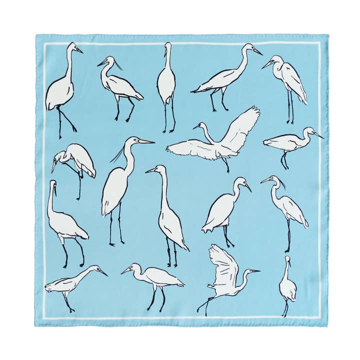 "Little Egret" Silk Pocket Square - Sky Blue for wholesale by Lost Pattern NYC