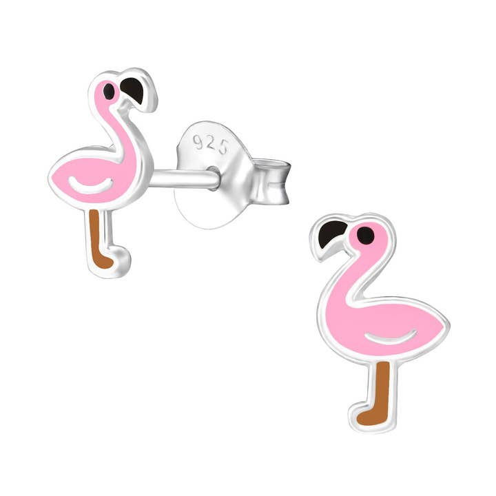 Orecchini per bambini, fenicottero, animale, rosa dolce, marrone, 6 x 8 mm, in argento sterling 925 per la vendita all'ingrosso da parte di LIV & LENN