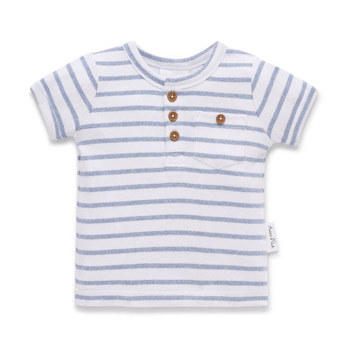 Rib Henley Top Azul por atacado de Aster & Oak