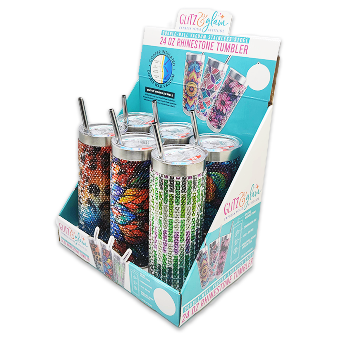 Novelty Brands - Wholesale Insulated Mug/Tumbler - Rhinestone 24 oz Tumbler Cup Assortment - 6/Display1