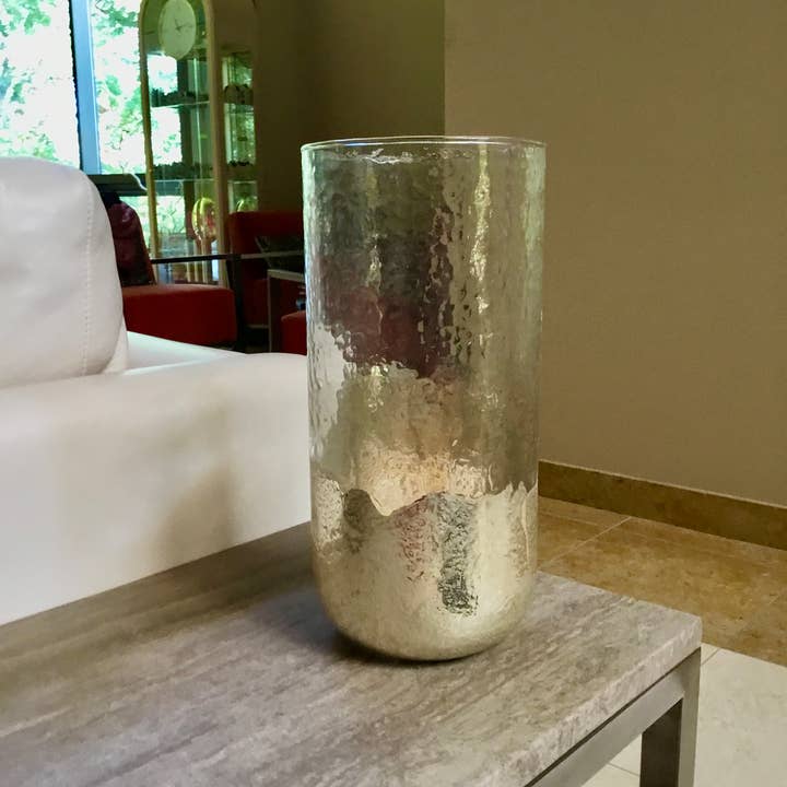 India Handicrafts Inc - Wholesale Hurricane Candle - Gold Foil Dipped Tall & Round Glass Hurricane