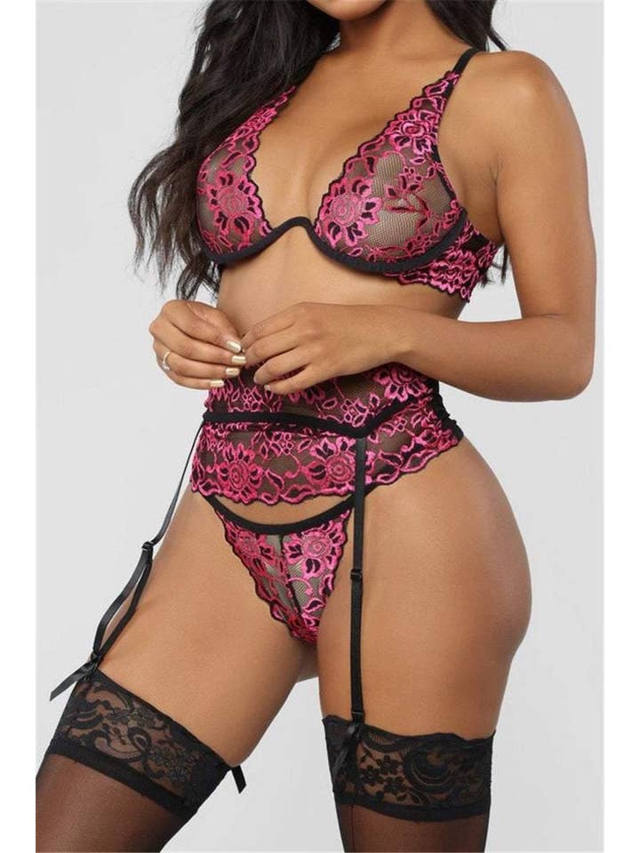La Belle Fantastique - Venta al por mayor Conjunto de lencería - Mujer - La Belle Fantastique Conjunto de lencería sexy de 3 piezas, sujetador, liguero y bragas transparentes, lencería nupcial | Regalo para ella