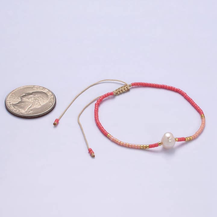 Aim Eternal - Wholesale Beaded Bracelet - Dainty Shell Pearl Cord Bracelet Barbiecore Pink Gold Cylinder Beaded Adjustable Bracelet WA-21772