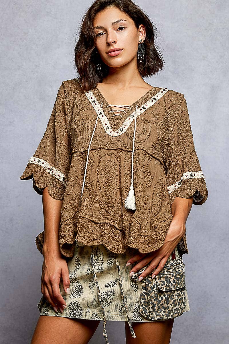 Pol Clothing - Wholesale Blouse - Women's - Short Sleeve Adjustable Drawstring Crochet V Neck Top11